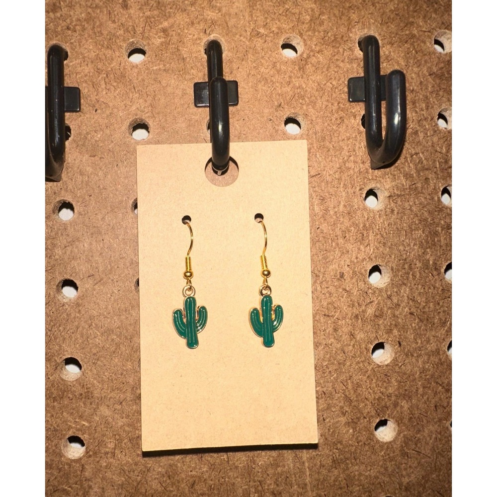 Green Cactus Drop / Dangle Gold Hook Earrings Jewelry, Country, Redneck, Cowgirl